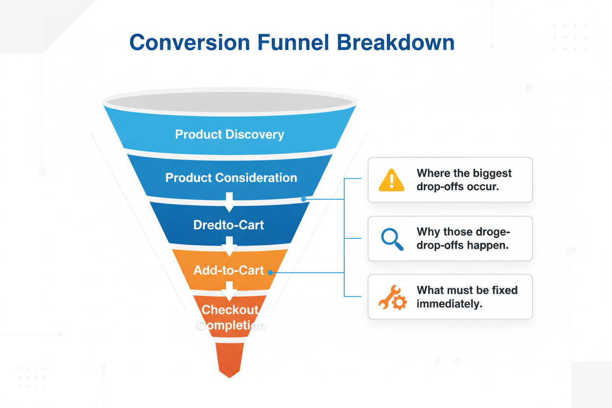 create me a section as per past info 
for title and description
3. Conversion Funnel Breakdown

We break your funnel into 4 stages:

Product Discovery

Product Consideration

Add-to-Cart

Checkout Completion

Then we reveal:

Where the biggest drop-offs occur

Why those drop-offs happen

What must be fixed immediately