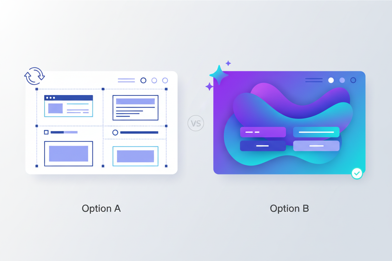 create me a section image with minimal text and more visual appealing vector
for title and description
Shopify Store Design (New or Matching)
You can choose:

Option A: Recreate your existing BigCommerce design
Pixel-perfect, same layout.

Option B: Fully redesign into a modern Shopify 2.0 store
Clean, fast, premium, high-conversion design.

We recommend Option B for long-term success.