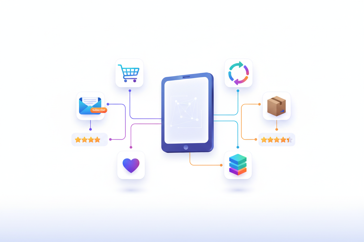 create me an imaeg for section with minimal text and more visual appealing vectors
for title and description
App Setup & Integration
We replace your BigCommerce features with equal or better Shopify apps.

Popular integrations include:

Klaviyo
Yotpo / Judge.me
Recharge / Bold
PageFly
Wishlist apps
Review apps
Shipping & COD apps
We ensure every important feature from BigCommerce exists in your new Shopify setup.