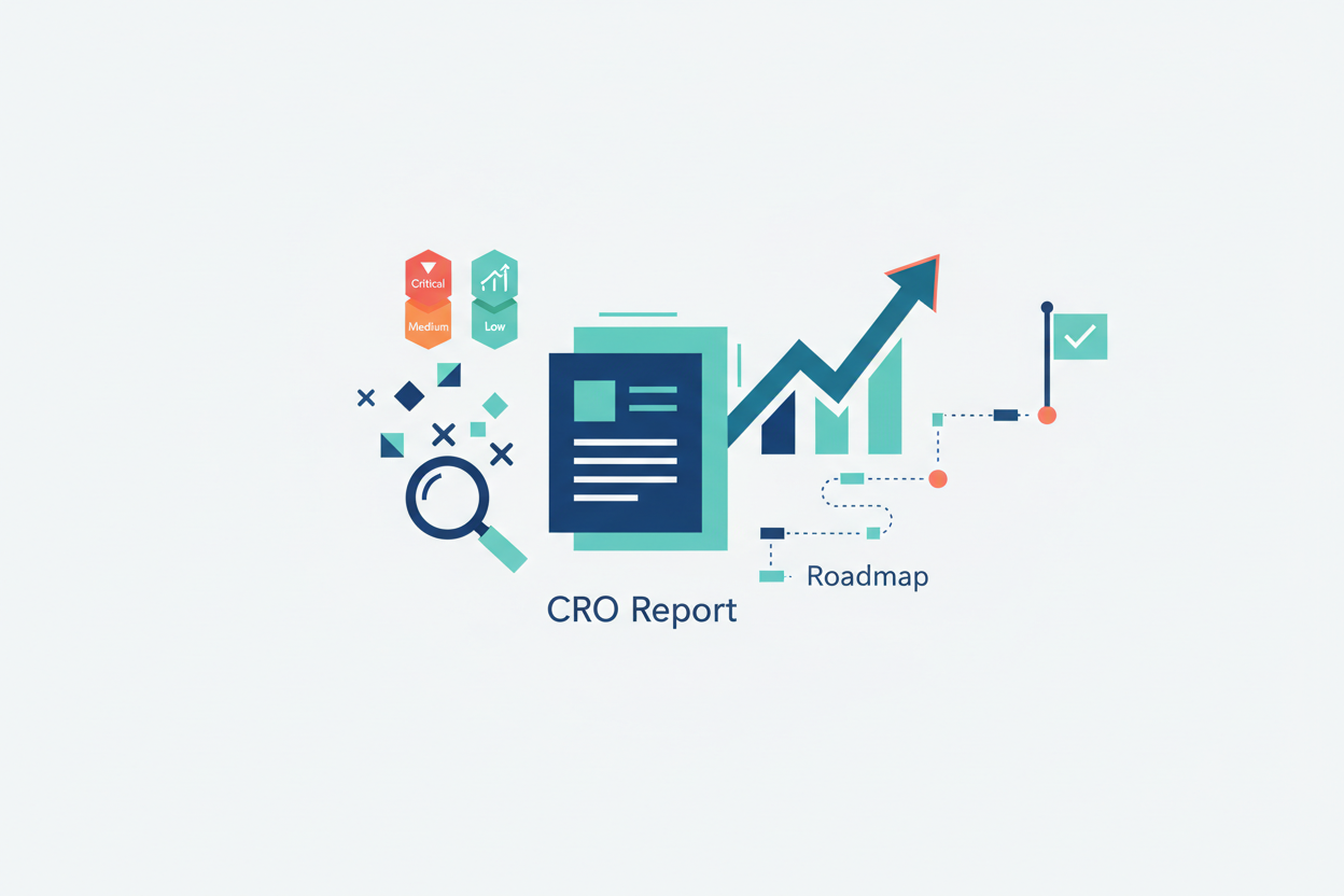 create me an image for the section with miniamal text and more visual vector designs
for title and description - Full Strategic CRO Report

You receive a detailed, easy-to-follow report that includes:

Problems identified

Screenshots of issues

Severity levels (Critical / Medium / Low)

Recommendations

Implementation roadmap

Expected impact on conversion

This is your blueprint for long-term CRO success.