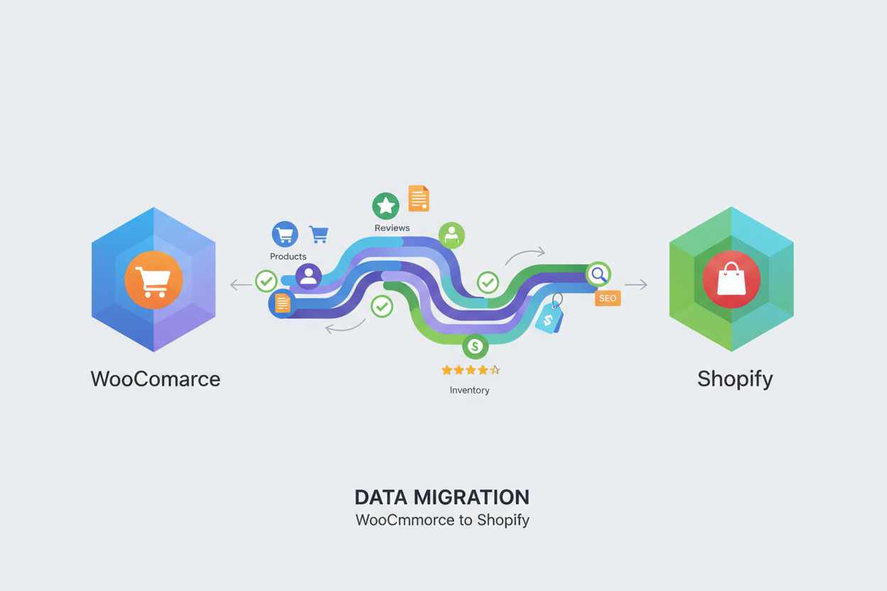 create the section image with minimal tetx and more visual content for titel and description
Full Data Migration (Clean & Accurate)
We migrate your complete WooCommerce data:

Products
Variations
Categories → Shopify Collections
Tags
Customers
Orders
Inventory
Coupons
Reviews
Blog posts
SEO metadata (titles, descriptions, slugs)
Your Shopify store will have clean, properly structured data.
