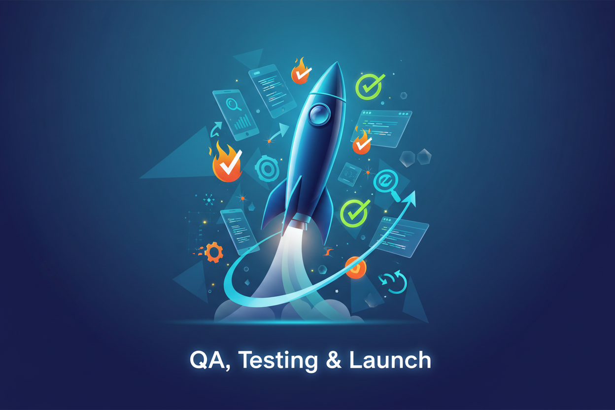 make image for currenct section with minimal text and more visual and brand appealing for title and descirpiont

QA, Testing & Smooth Launch
Before launch, we check everything:

Mobile + desktop testing
Browser compatibility
Checkout flow
Redirect mapping
App integration
Speed checks
Data accuracy
Then we launch with zero downtime.