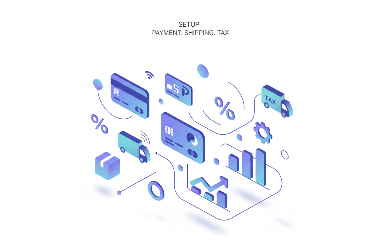 make image for section with minimal text and more vector & abstrcut designs for title and description

Payment, Shipping & Tax Setup
We configure Shopify to be fully operational:

Razorpay, Stripe, PayPal
Regional or international shipping rules
Tax automation
Checkout configurations
Notification emails
Your store goes live ready for sales.