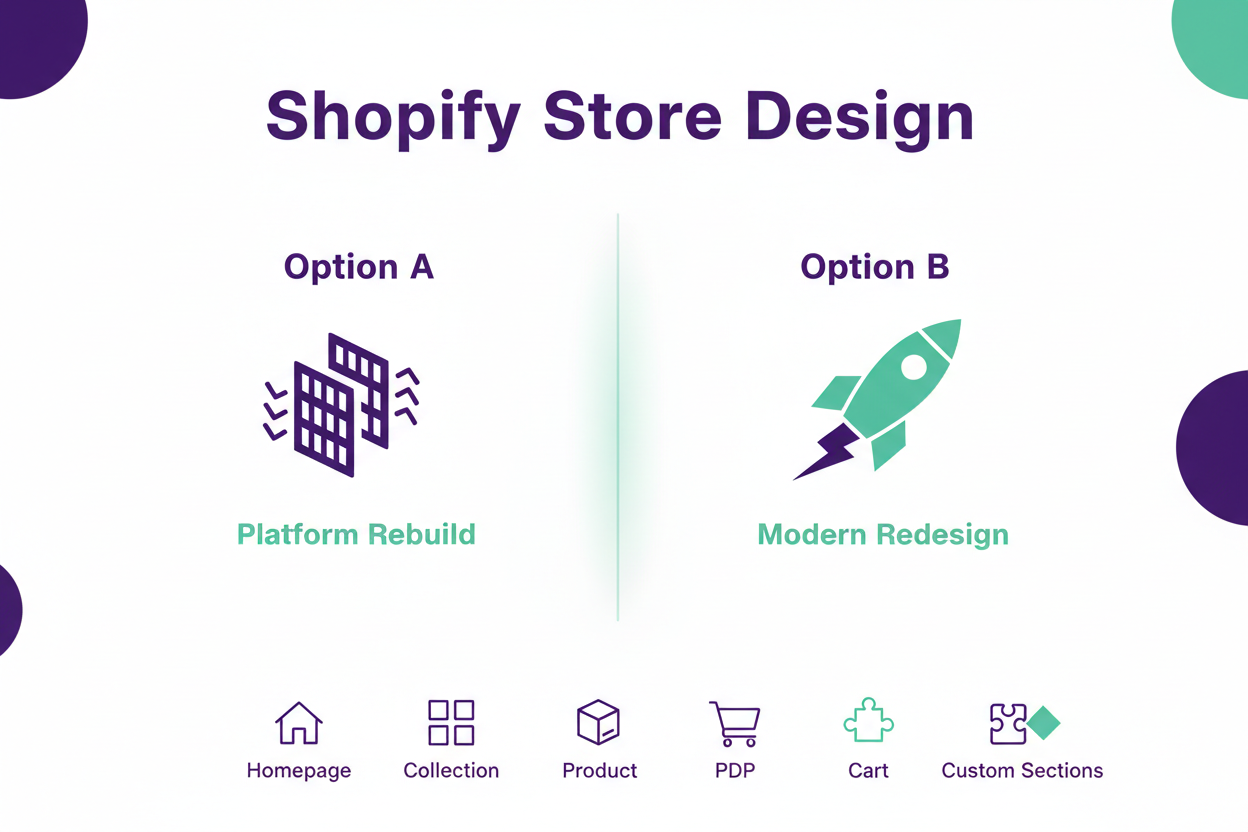 make image for this section with minimal text and more visual vector designs for title and description - 
Shopify Store Design (New or Recreated)
Choose one:

Option A: Rebuild your WooCommerce design
Same structure, same look—replicated on Shopify.

Option B: Full redesign on Shopify 2.0
Modern, fast, conversion-optimized custom design.

Includes:

Homepage
Collection page
PDP
Cart drawer
Custom Shopify sections
Your new Shopify store will be built for performance AND sales.