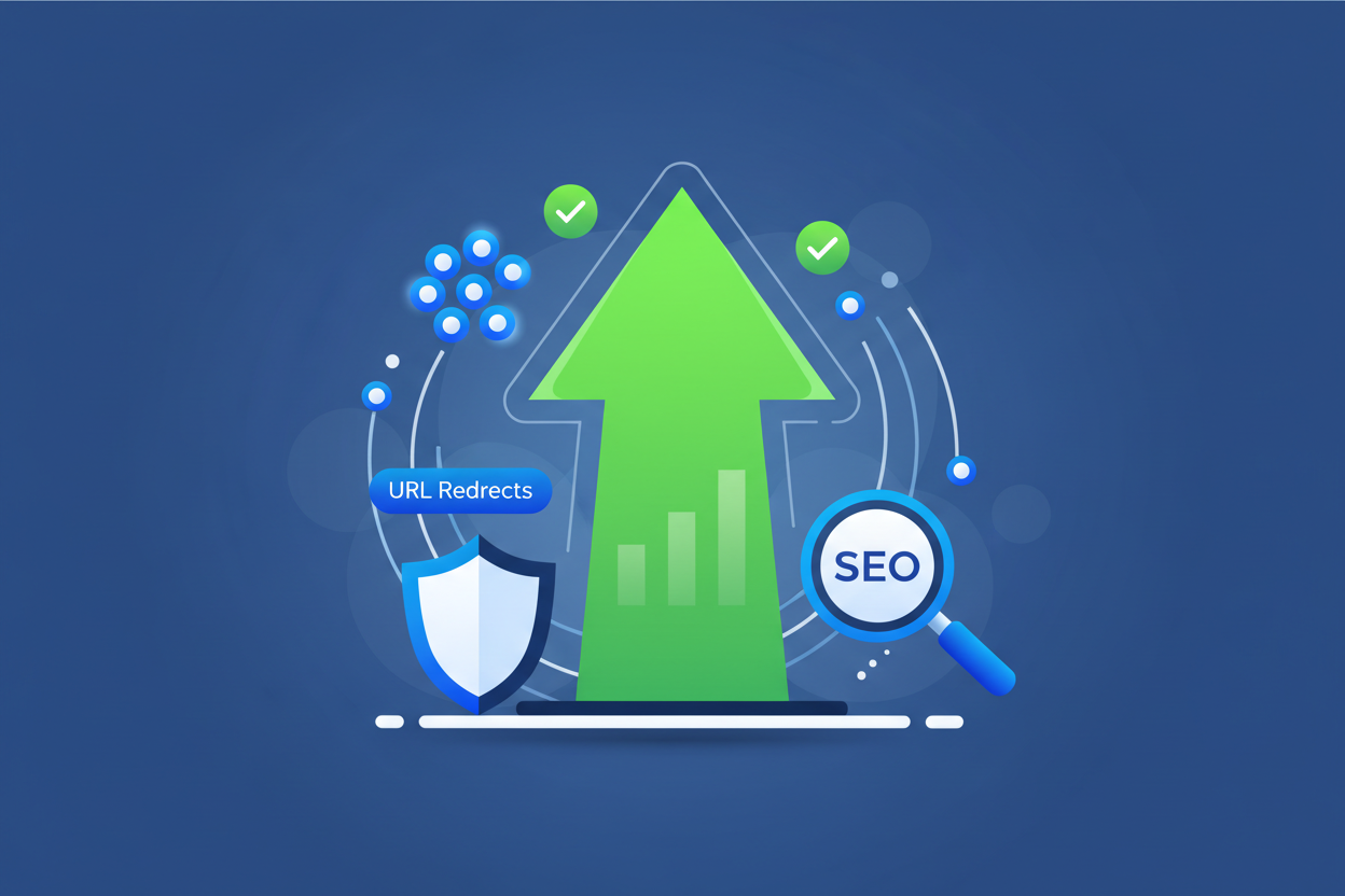 make me an section image with minimal text and more viaual appealing and vector
for title and description
SEO Preservation & Redirects
We maintain your SEO performance so Google does not penalize your store.

Tasks include:

301 redirects for all URLs
Migrating metadata
Migrating alt tags
Maintaining permalink structure wherever possible
Minimizing ranking drops during migration
Your store remains search-friendly from day one.