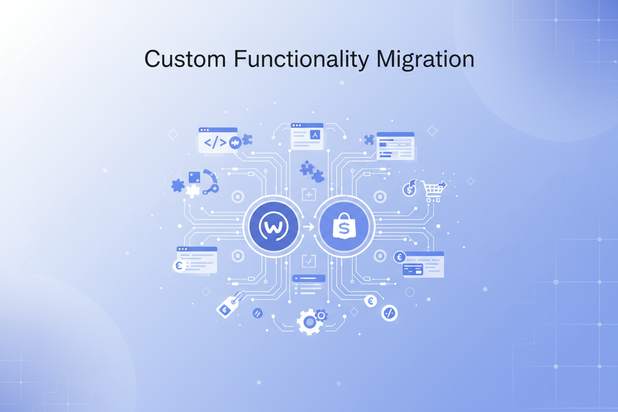 no..please create me an image for section with minimal text and mroe visual appeal for title and description
Custom Functionality Migration
Anything custom in WooCommerce can be rebuilt using:

Custom Liquid coding
Shopify apps
Custom Shopify app development
Examples:

Custom forms
Product configurators
Bundling logic
Dynamic pricing
Multi-store setups
Custom checkout logic (Shopify Plus only)
You won’t lose important features.
